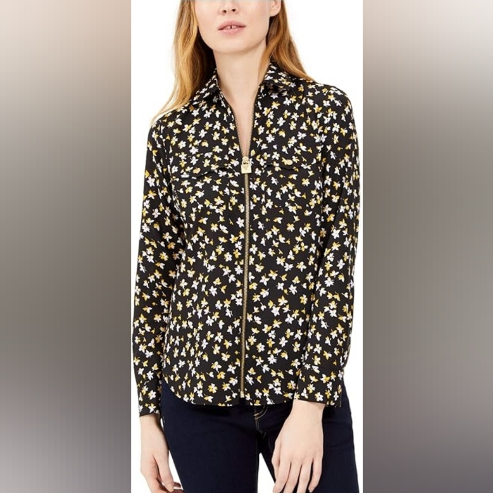 Michael Kors Floral Full Zip Black and Gold Floral Blouse